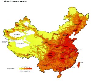 Here is a good look at China's population density, which clearly shows a large population in the Han-dominated areas.
